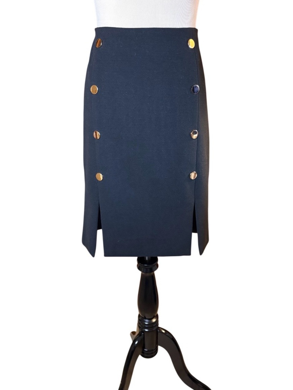 Classic Black Pencil Skirt with Gold Button Detail